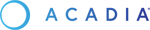 Gray Acadia Pharmaceuticals Inc. logo in global footer links to Acadia Pharmaceuticals Inc. corporate website